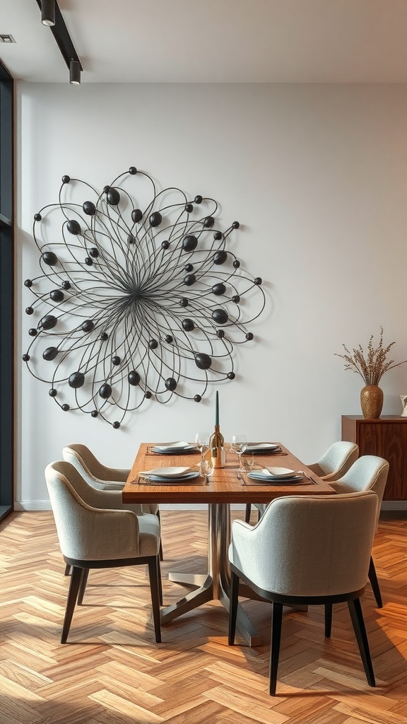 A large metal wall sculpture in a dining area, featuring intricate designs and a modern aesthetic.