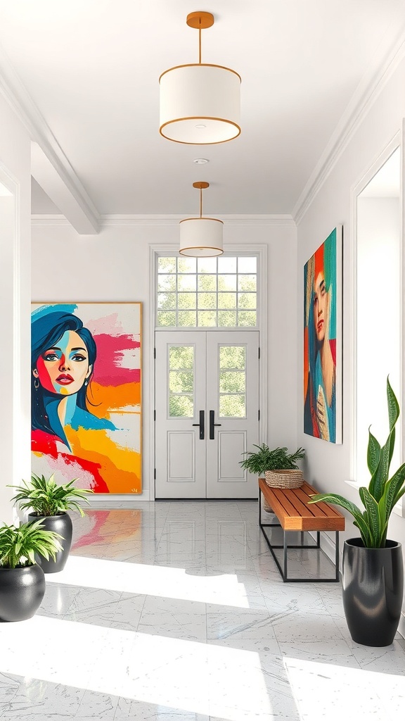 A bright hallway featuring colorful abstract art on the walls.