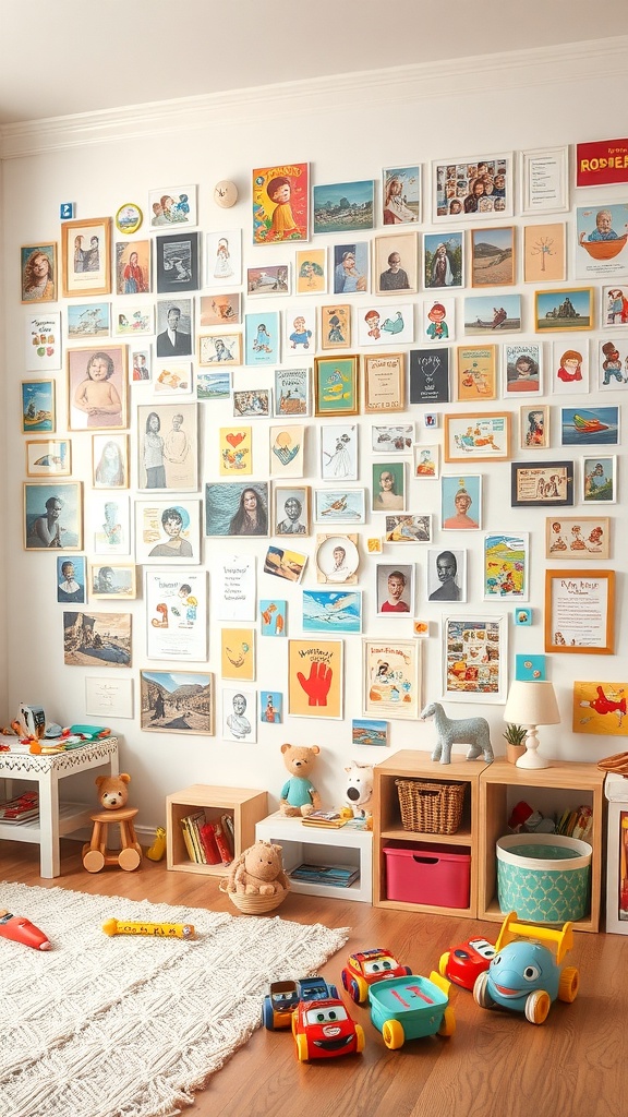 A colorful collage of childhood memories on a wall, featuring photos and drawings.