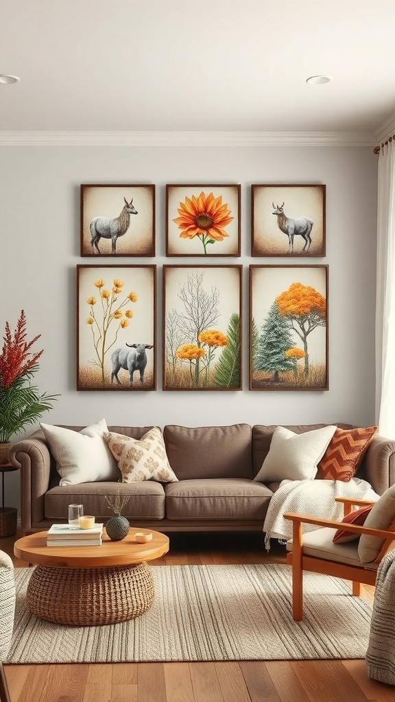 A cozy living room featuring seasonal themed wall art with animals and nature.