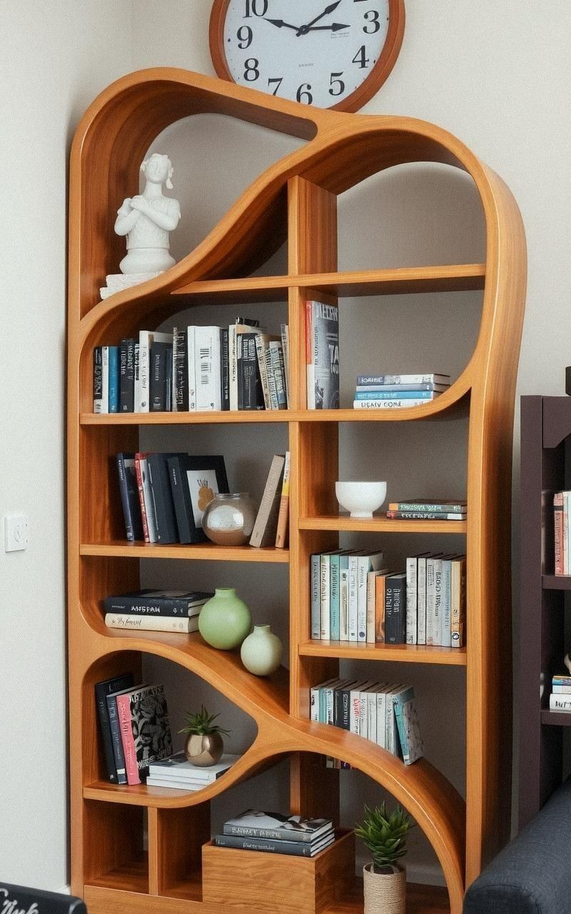 Curvilinear Bookshelves With Natural Wood Grain