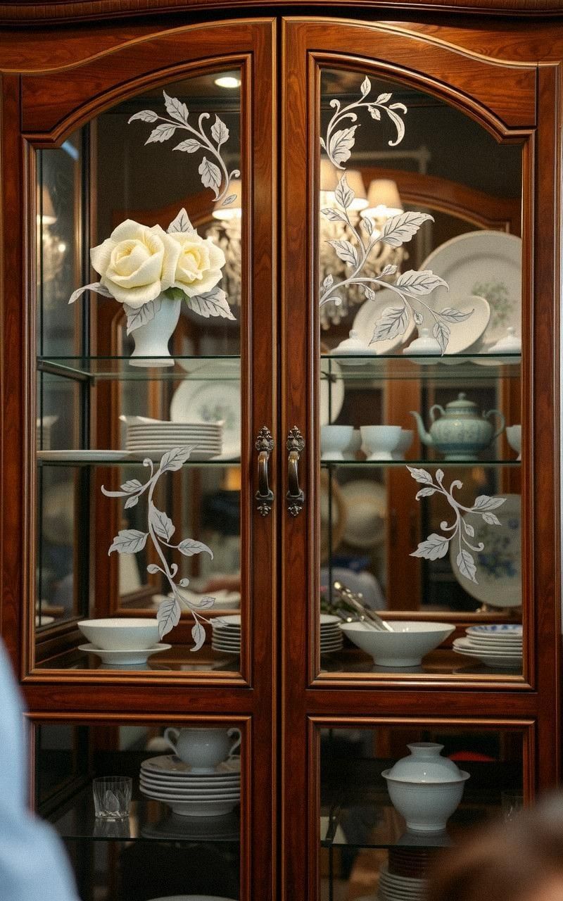 Glass Cabinet Doors With Curved Frames And Etching