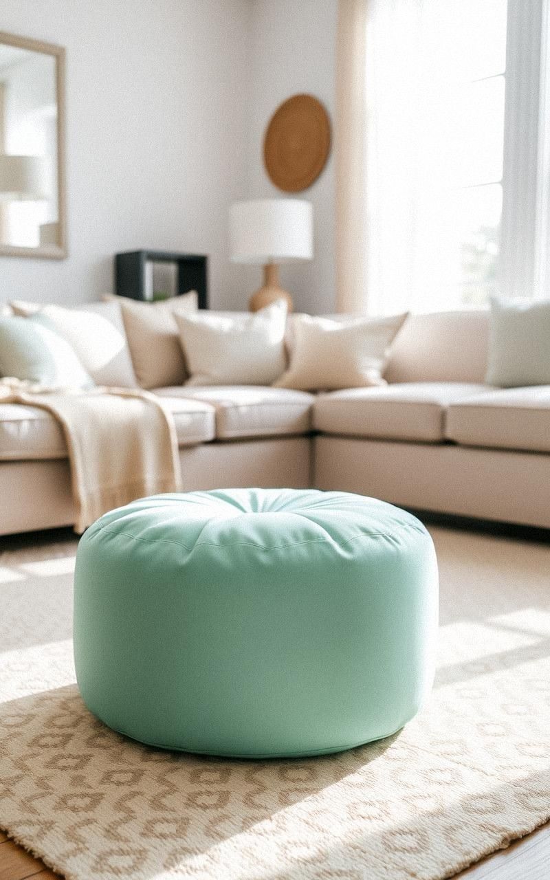 Mint Green Poufs Introduce Soft Contrast