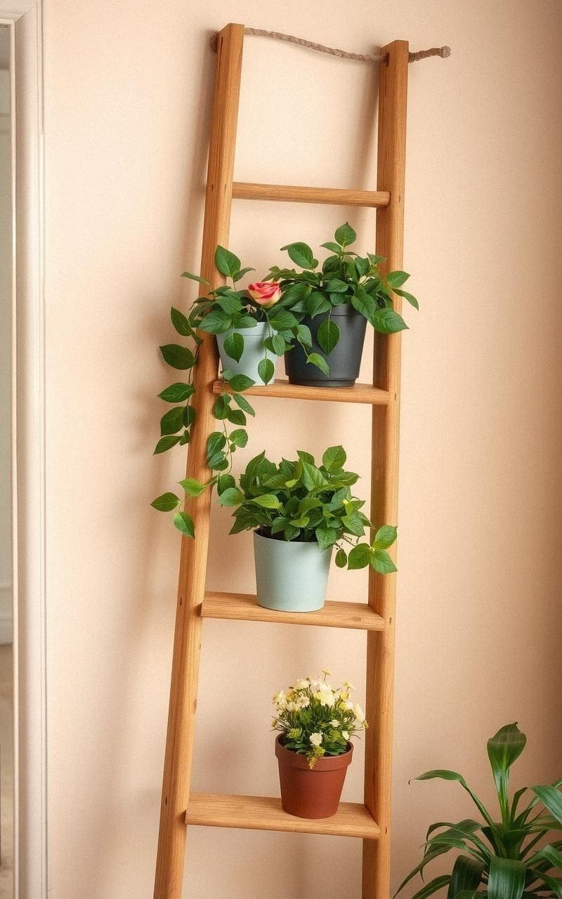 Repurposed Ladder Shelves for Vintage Plant Displays