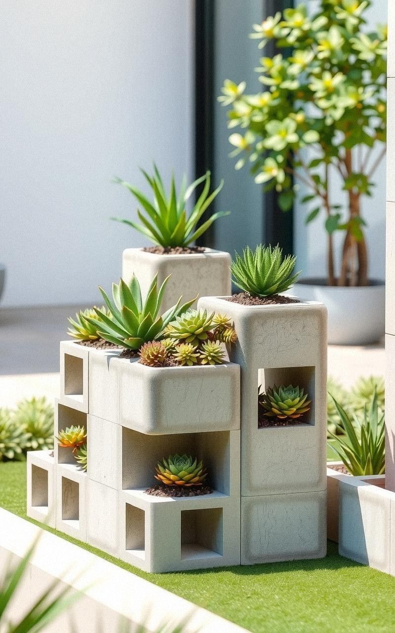 Concrete Blocks as Minimalist Modern Planters
