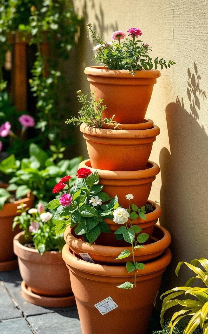 Stacked Terracotta Pots Create Tiered Plant Displays
