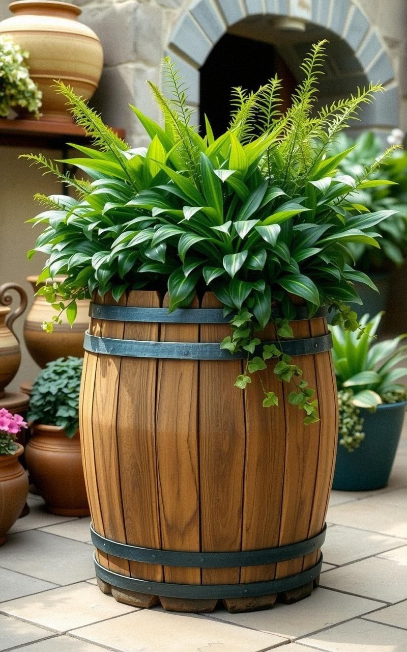 Upcycled Wooden Barrels as Large Outdoor Planters