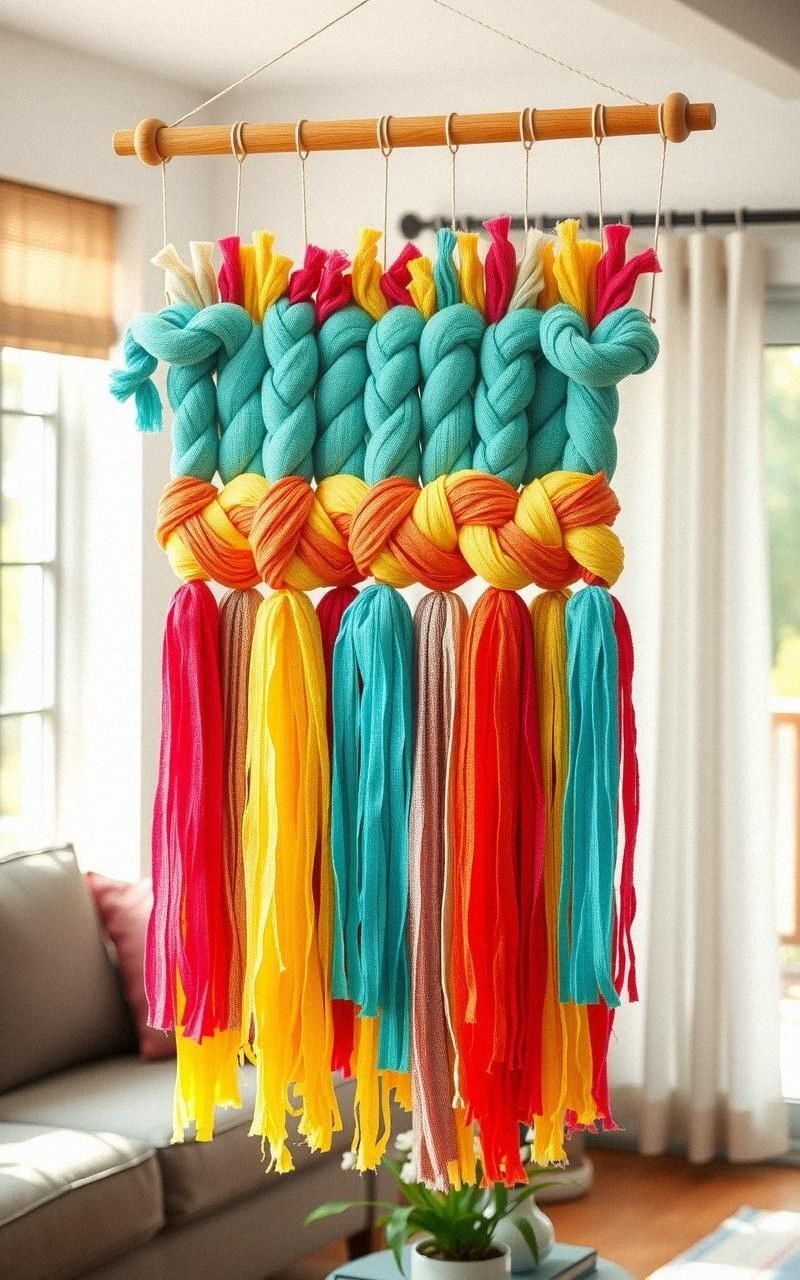 Braided Fabric Wall Hanging with Colorful Strips