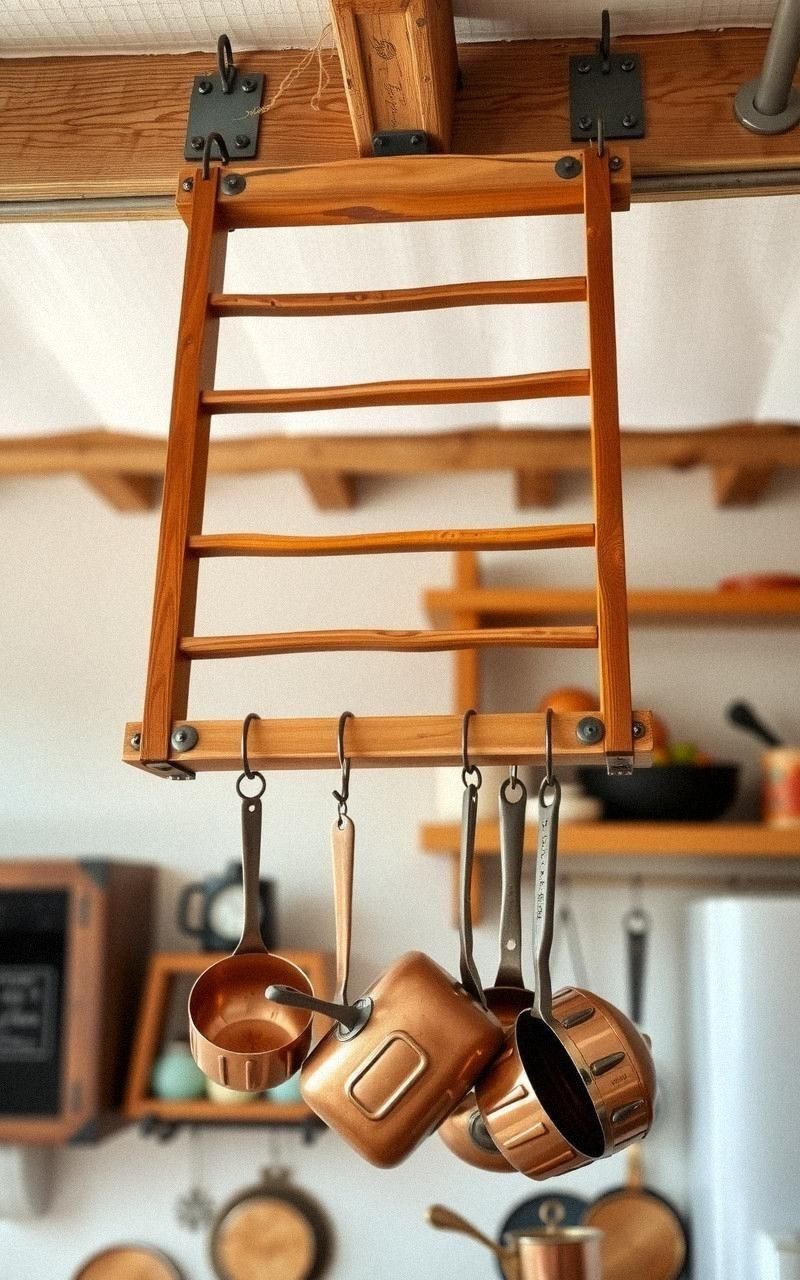 Hang a Vintage Ladder Horizontally as a Pot Rack