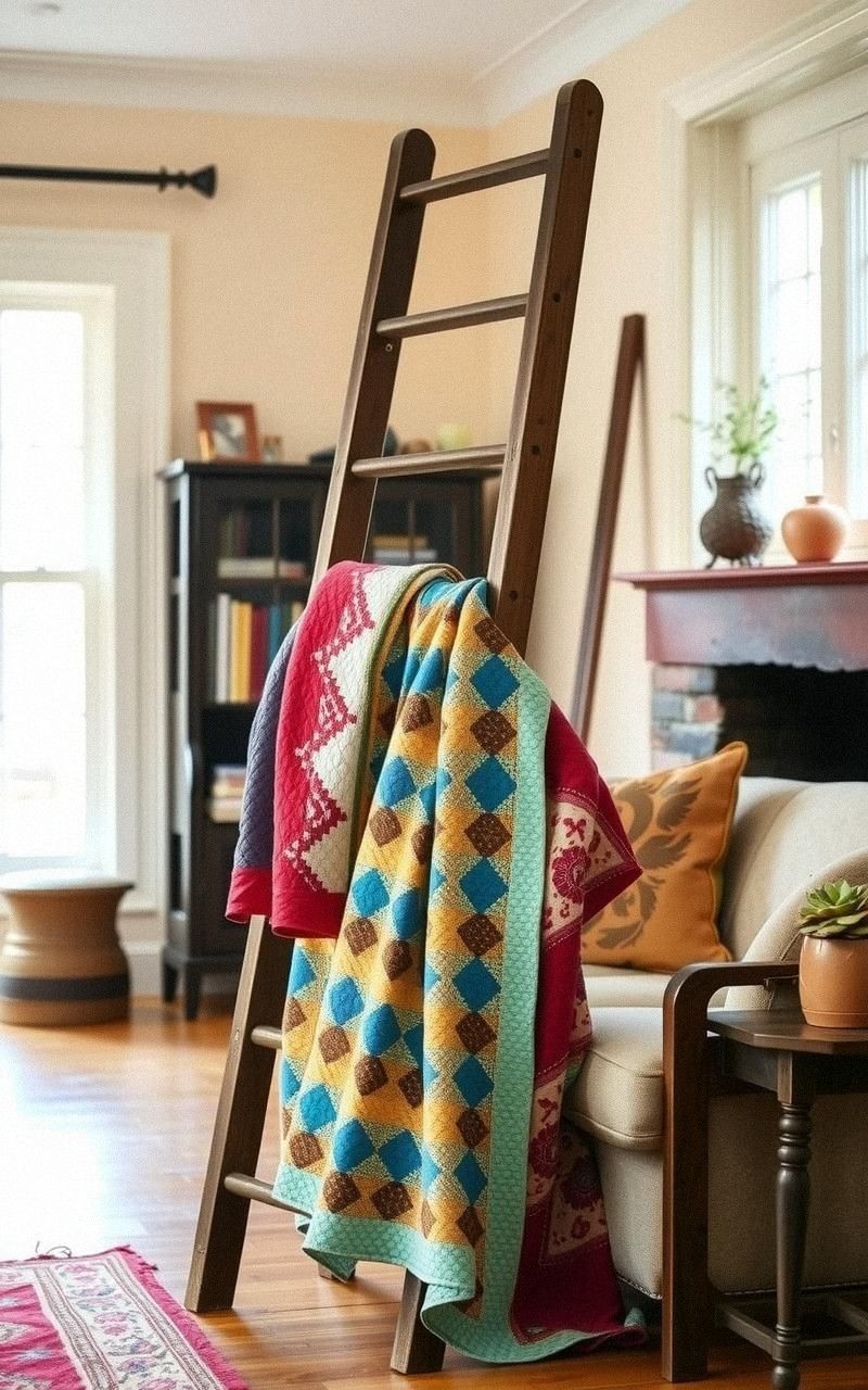 Use a Vintage Ladder as a Decorative Quilt Holder