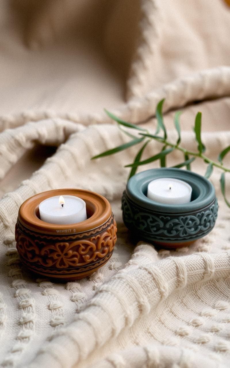 Clay Pottery Candle Holders with Carved Designs