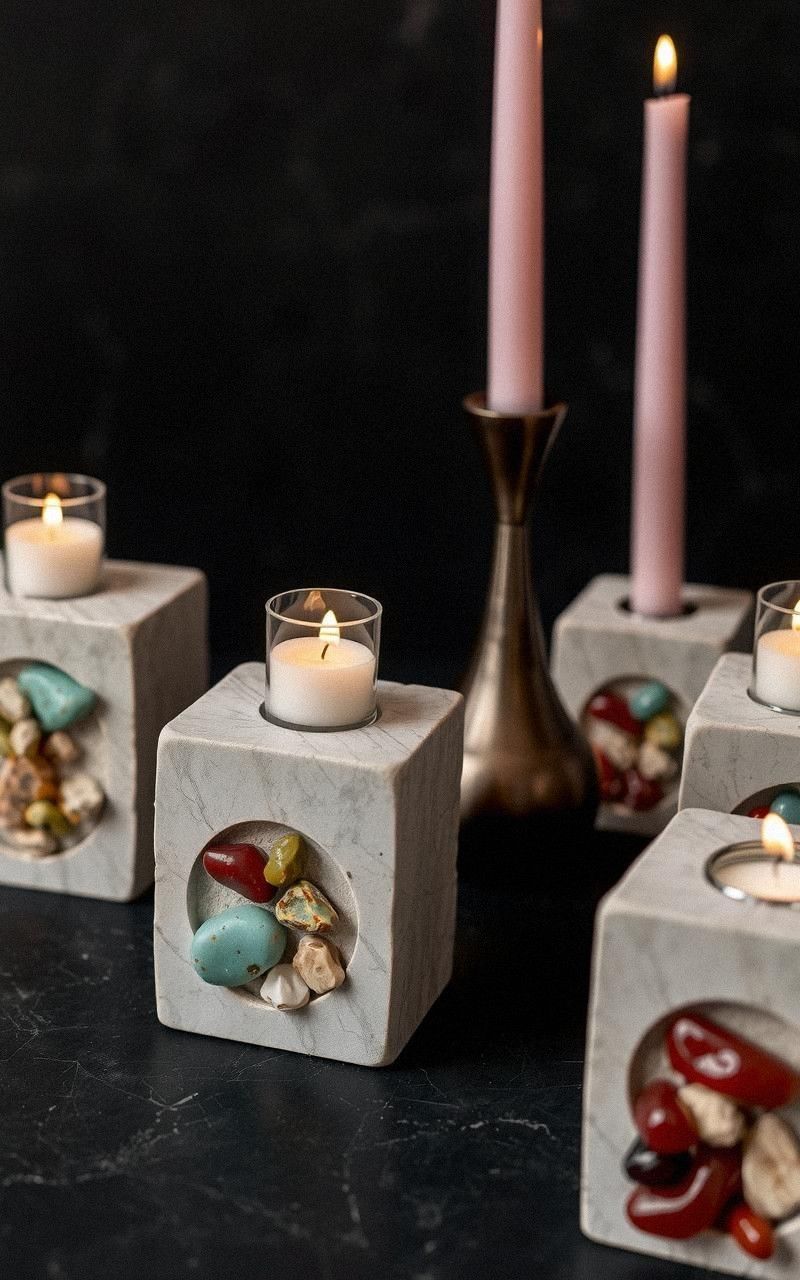 Concrete Block Candle Holders with Embedded Stones