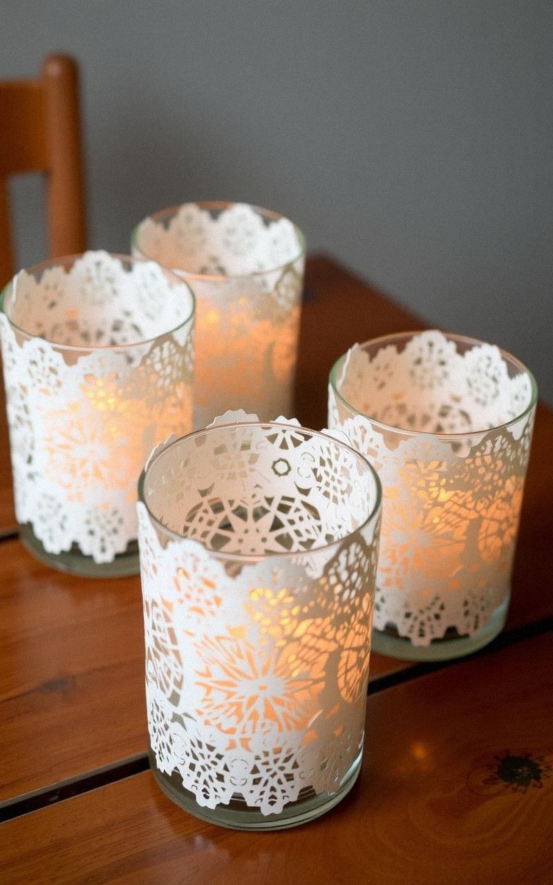 Doily-Wrapped Glass Candle Holders