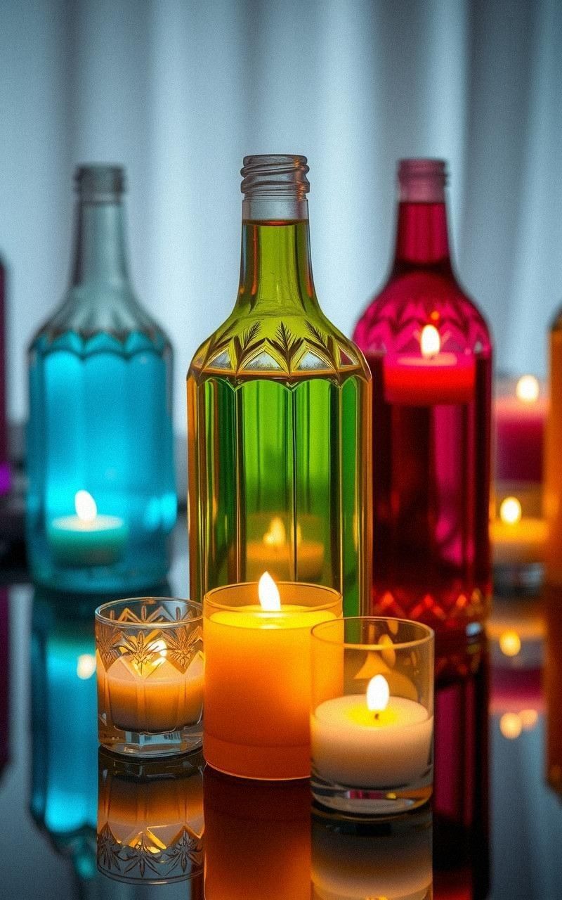 Glass Bottle Cut Candle Holders with Colored Water