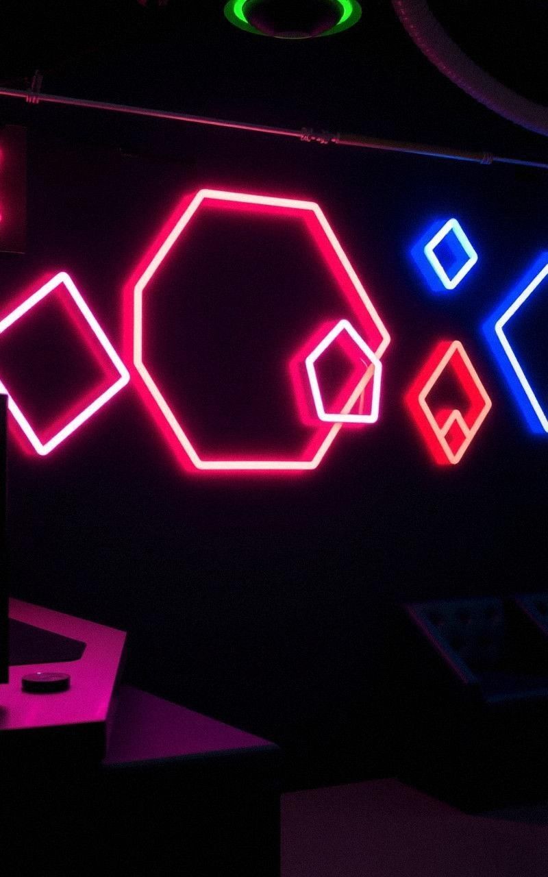 Geometric Wall Art Featuring Neon Light Shapes