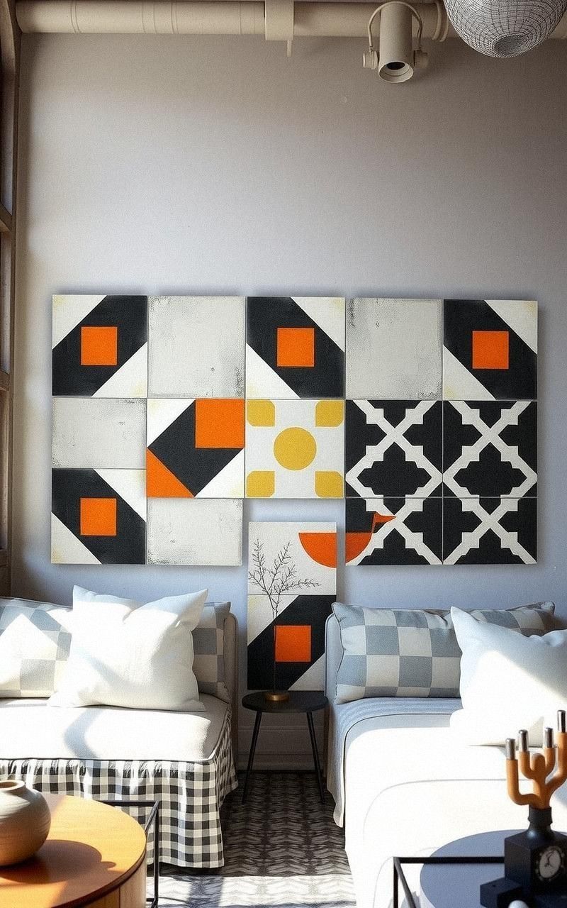 Geometric Wall Art with Painted Concrete Tiles