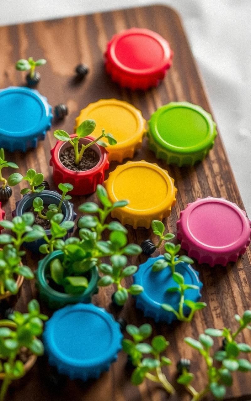 Bottle Cap Mini Herb Planters on Wall