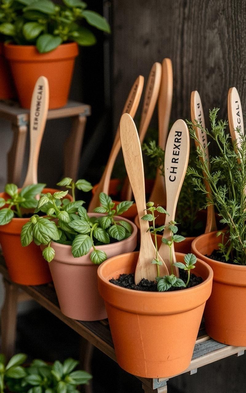 Recycled Wooden Spoon Herb Markers on Wall