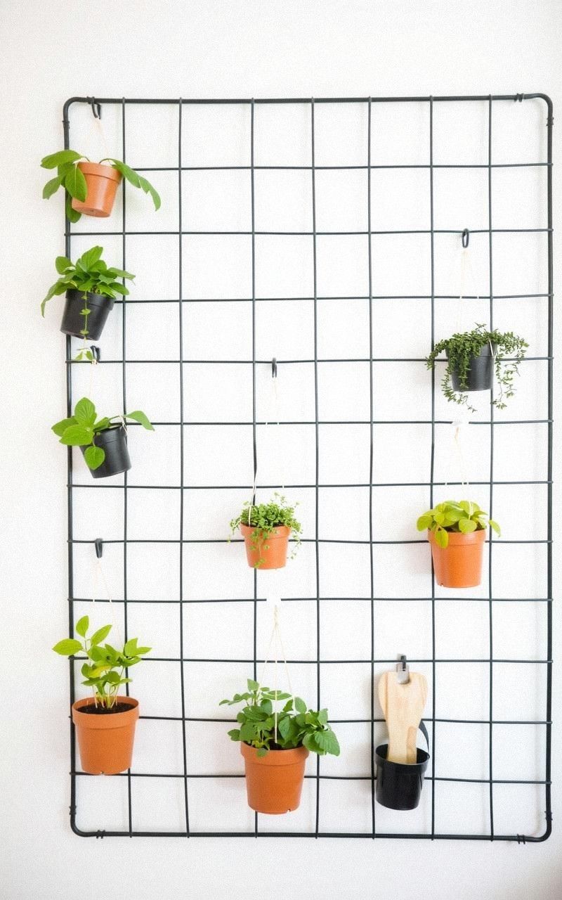Wire Grid Herb Wall with Hanging Pots