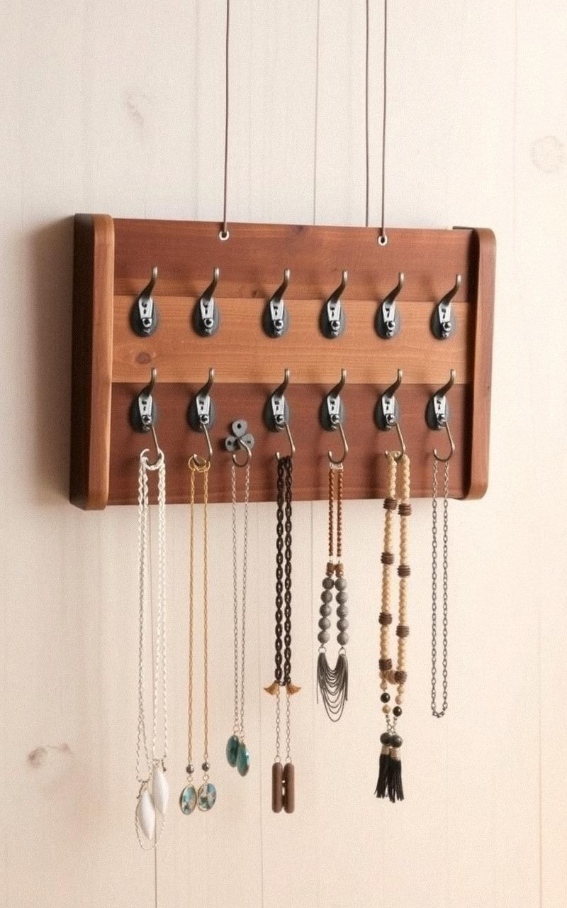 Rustic Wooden Jewelry Organizer With Hooks