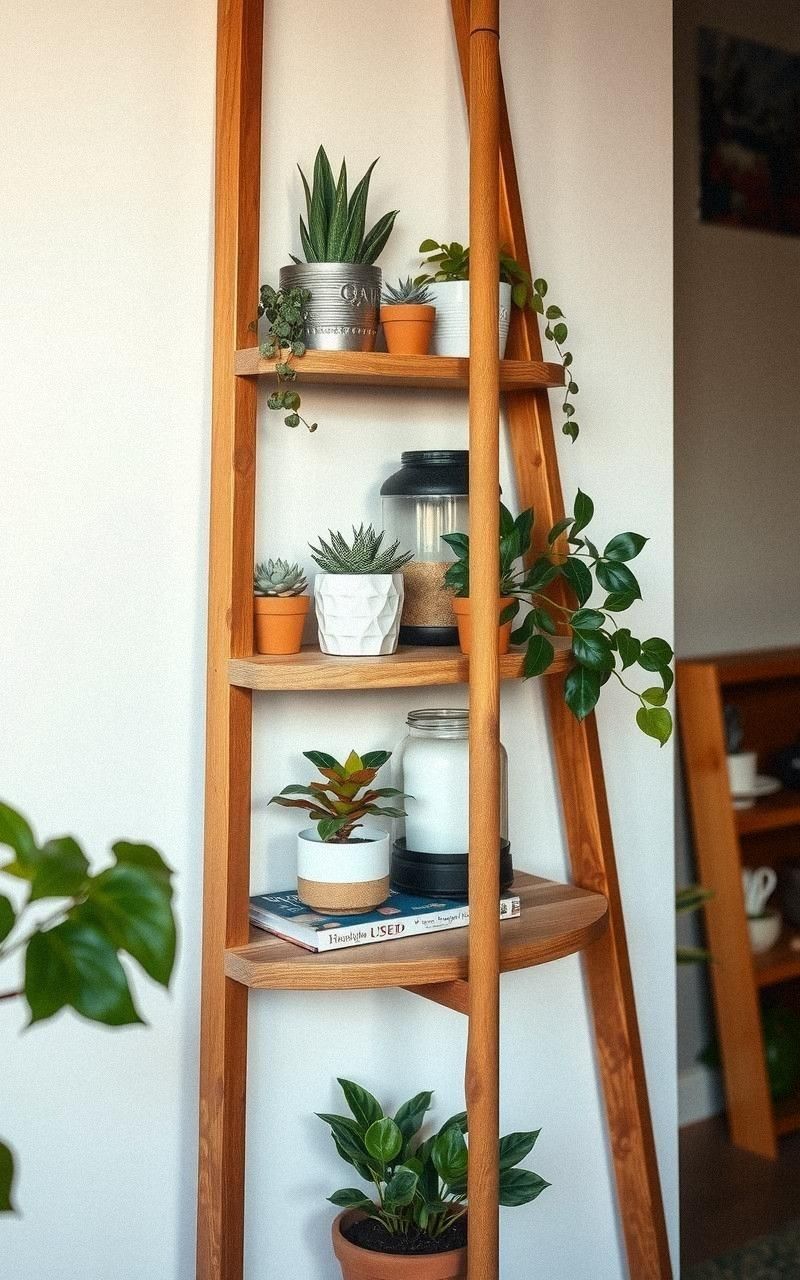 Rustic Wooden Ladder Shelf For Plants