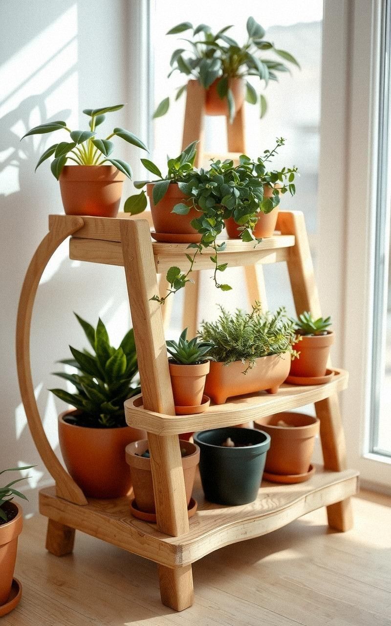 Rustic Wooden Plant Stand With Tiered Shelves