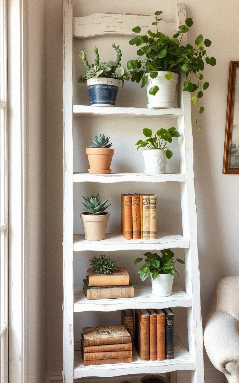 Distressed Whitewashed Wooden Ladder Shelf