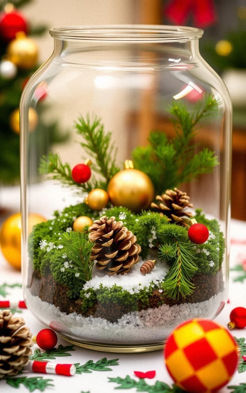 Holiday-Themed Terrarium With Pine And Mini Ornaments