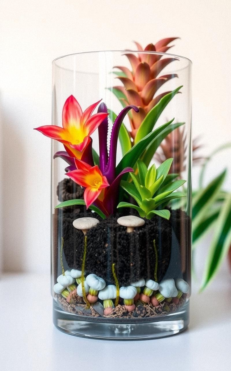 Tropical Bromeliad Terrarium In Glass Cylinder