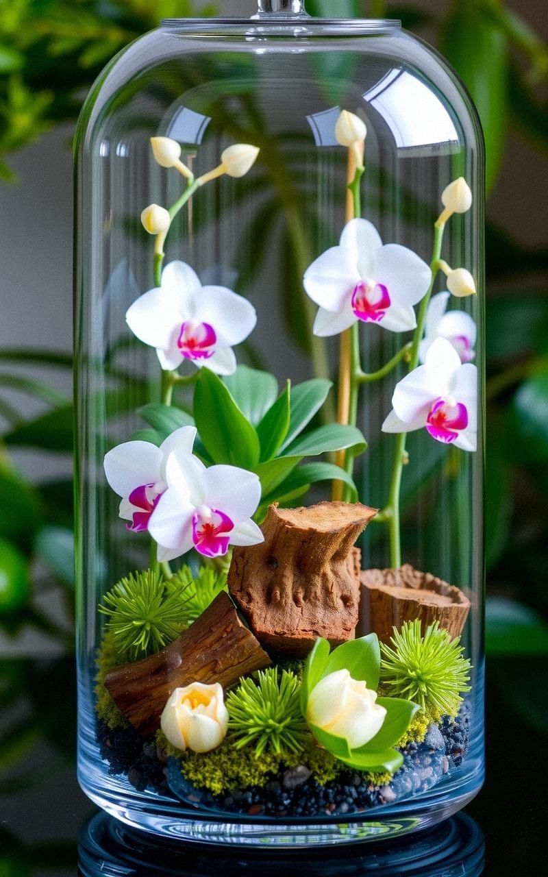 Tropical Orchid Terrarium With Air Plants And Bark