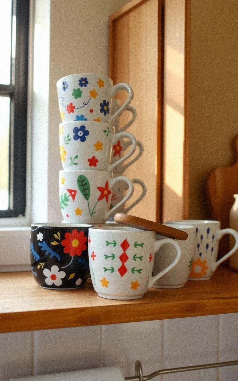 Handpainted Ceramic Mugs With Playful Patterns