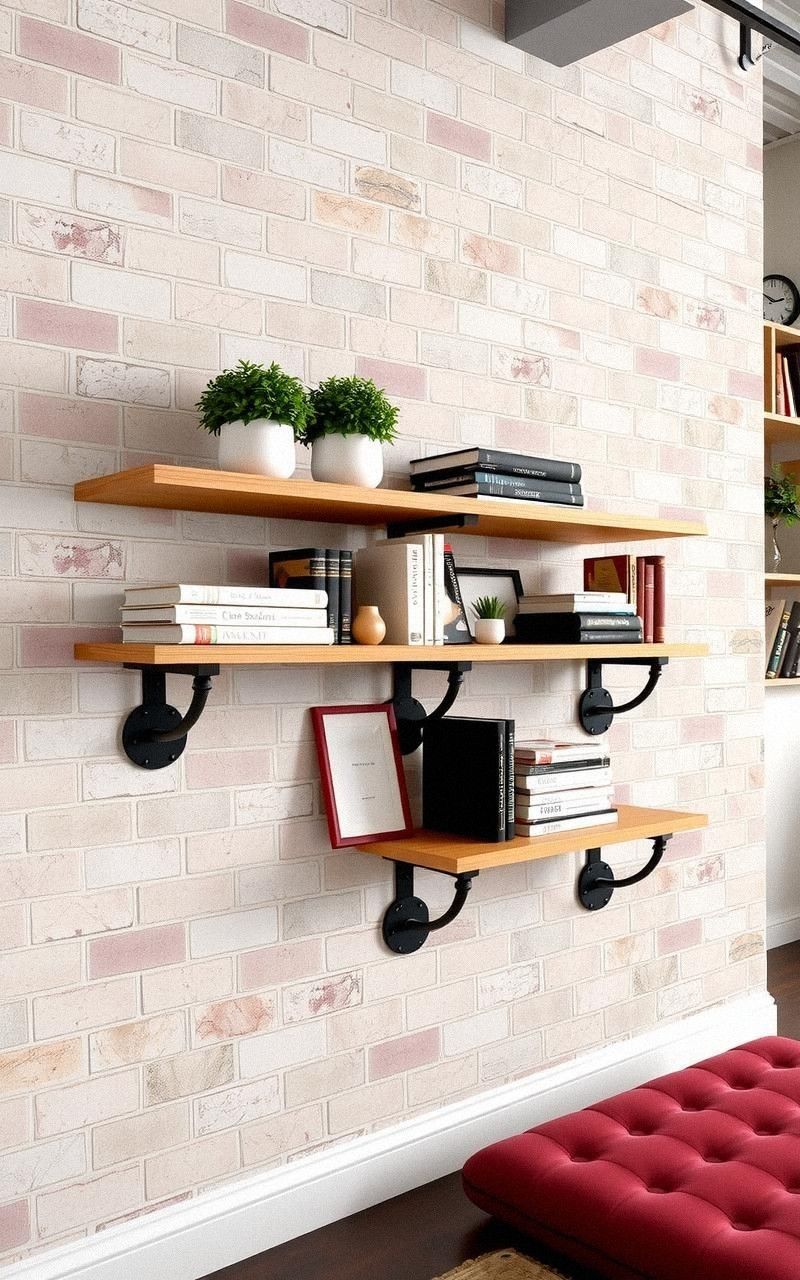 Exposed Brick Shelves With Industrial Brackets