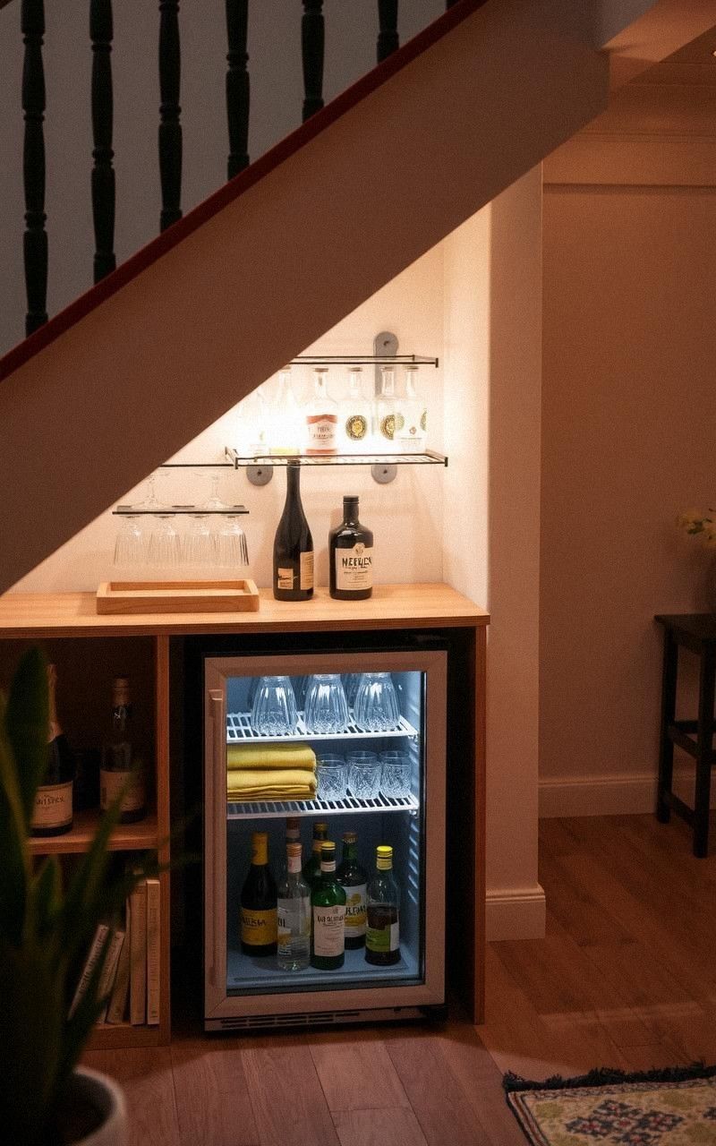 Compact Bar Area with Mini Fridge and Glass Racks