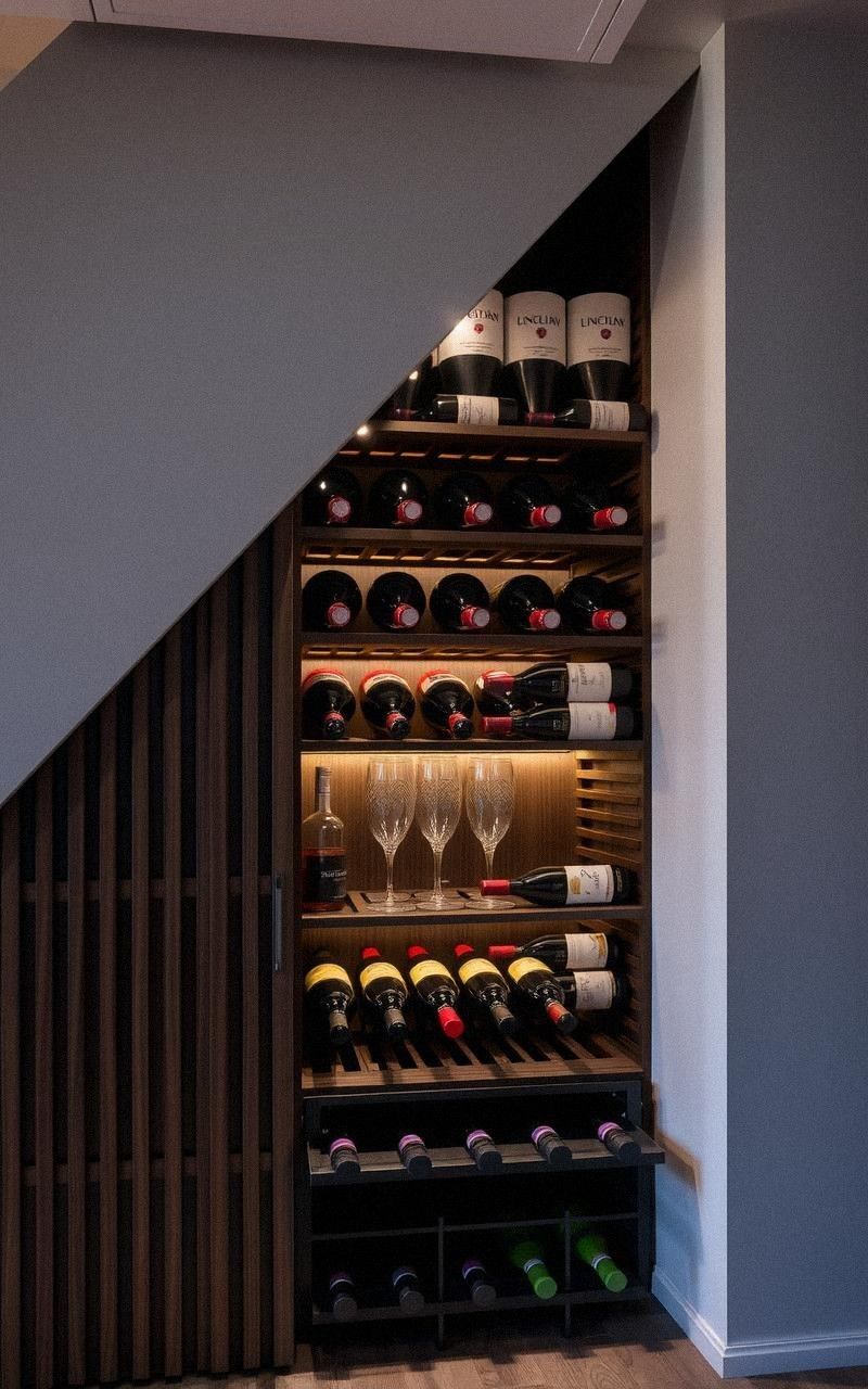 Wine Rack Integrated Into Staircase Design