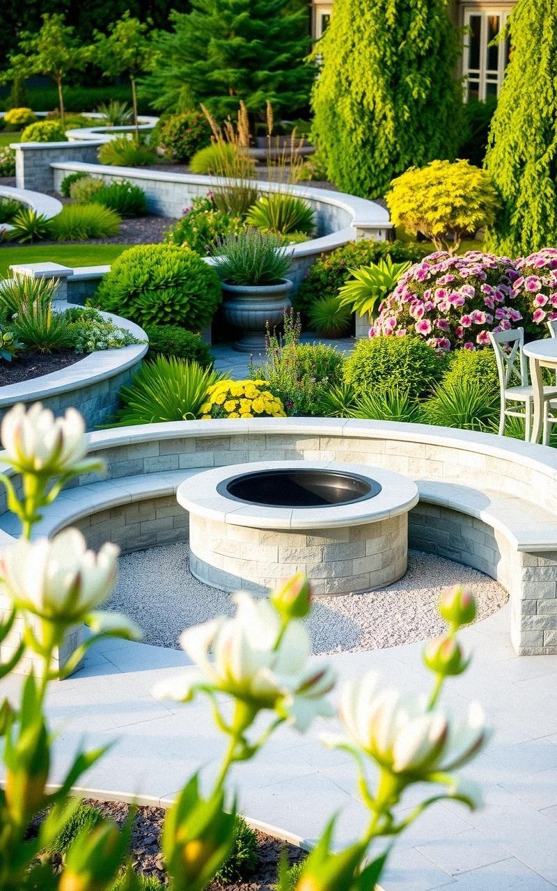 Built-In Fire Pit with Curved Stone Seating Bench