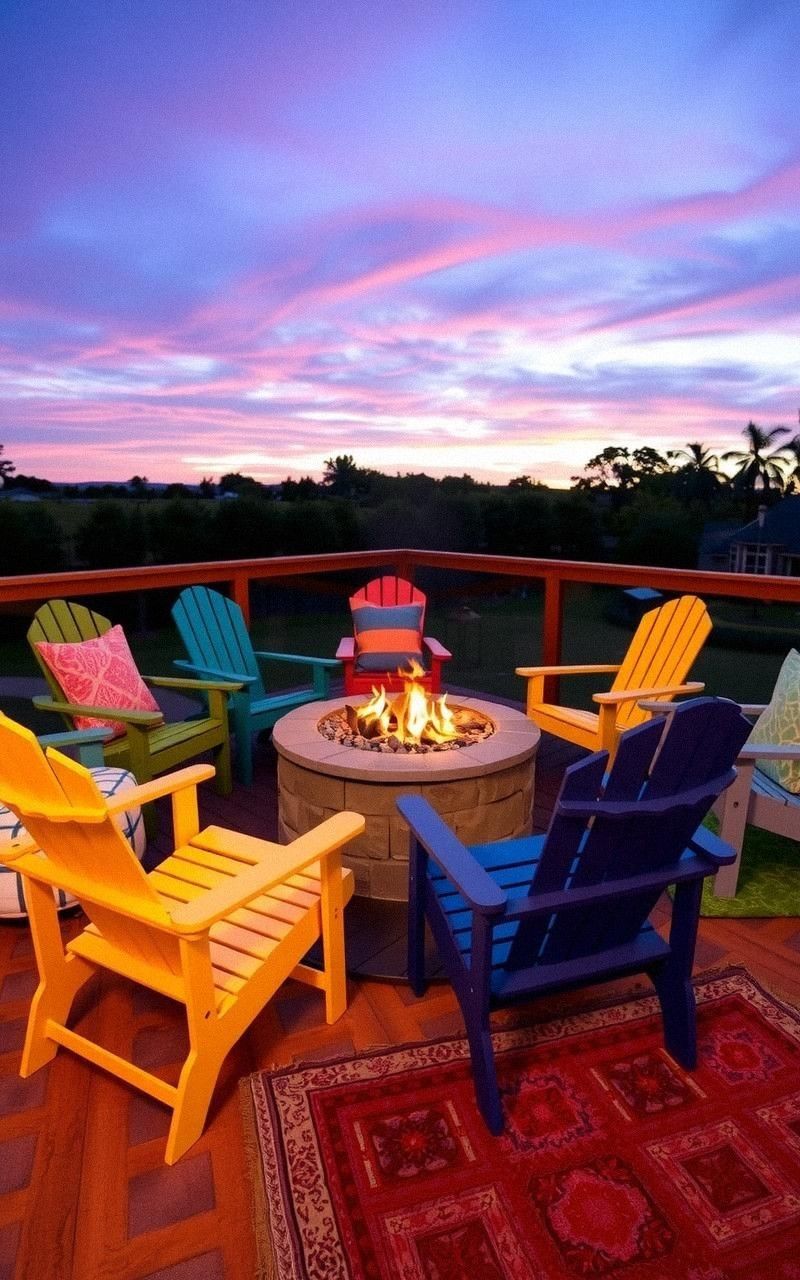 Circular Fire Pit Surrounded by Adirondack Chairs