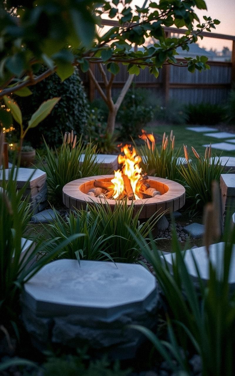 Fire Pit Encircled by Tall Grass and Natural Stone Seats