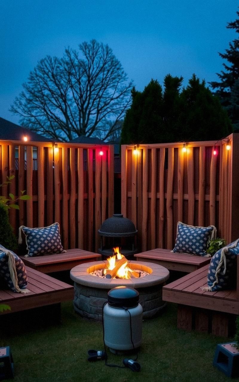 Fire Pit Framed by Tall Privacy Screens and Benches