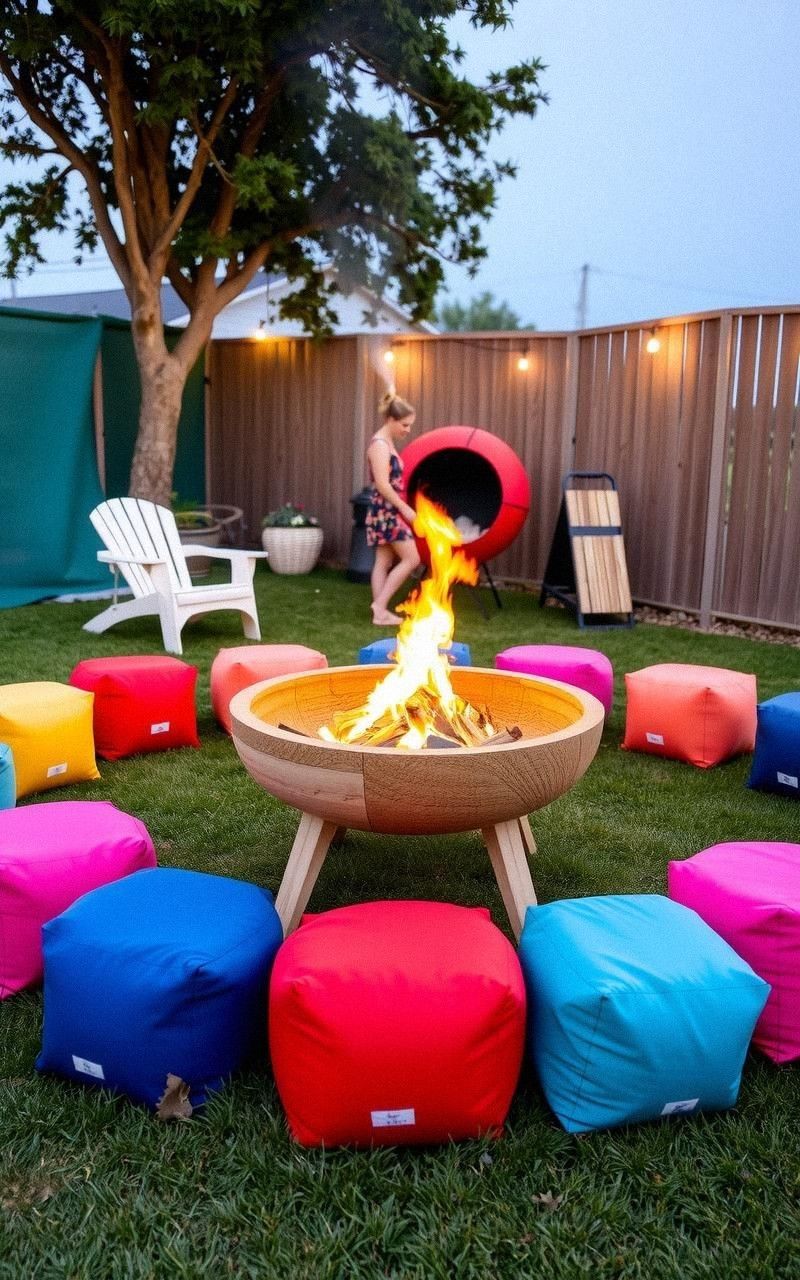 Fire Pit Surrounded by Colorful Outdoor Poufs