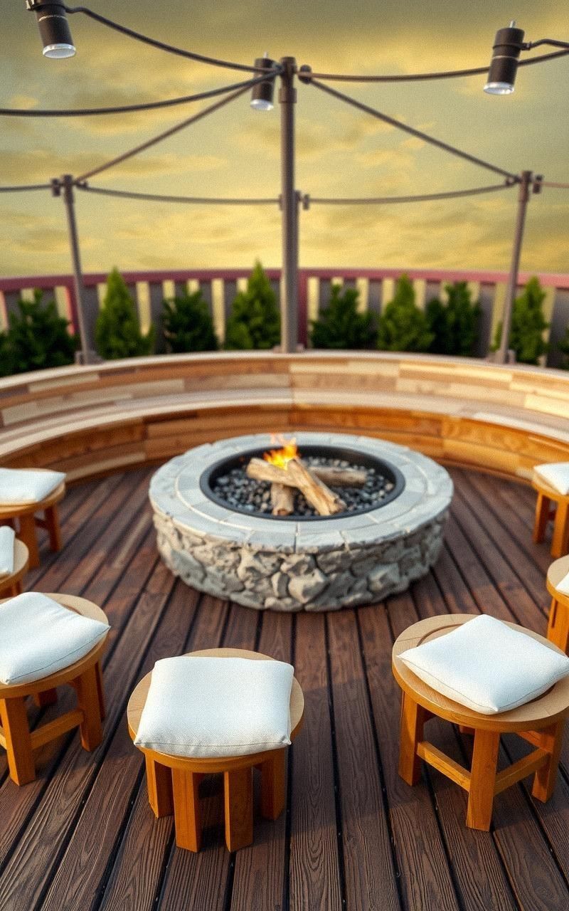 Fire Pit with Circular Wooden Deck and Low Stools