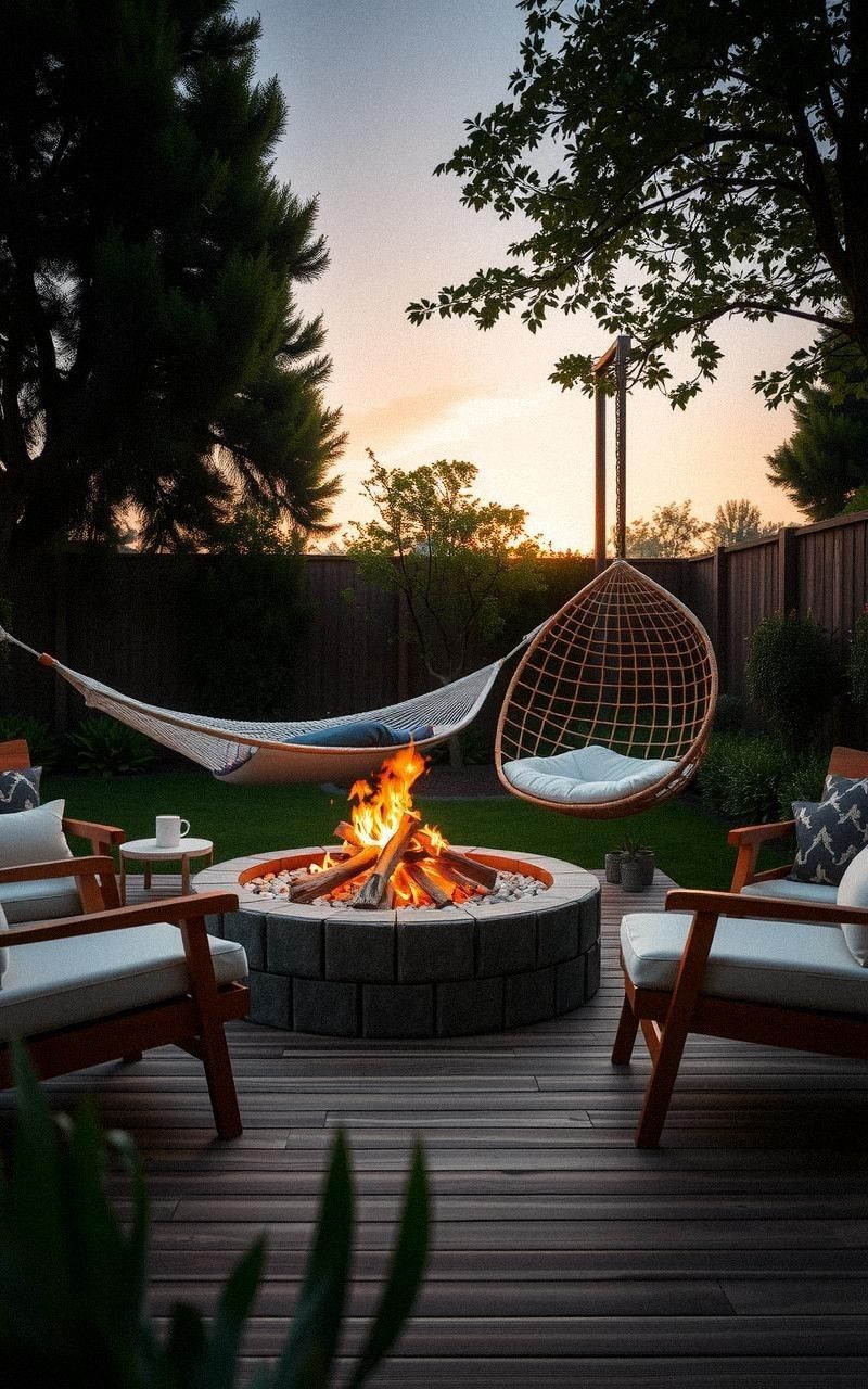 Fire Pit with Hammocks and Hanging Chairs Nearby