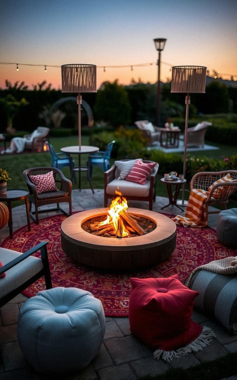 Fire Pit with Outdoor Rugs and Mixed Seating Styles