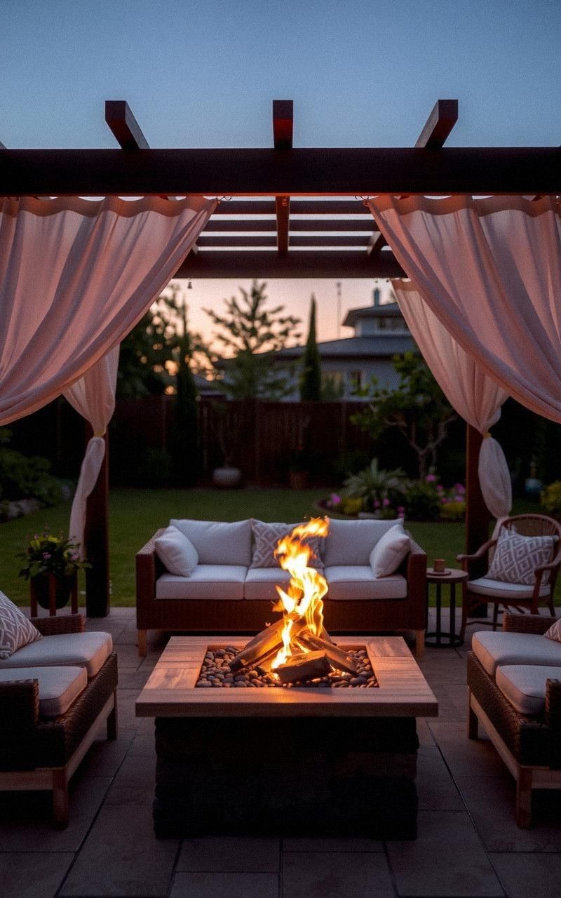 Fire Pit with Pergola and Draped Curtains for Shade