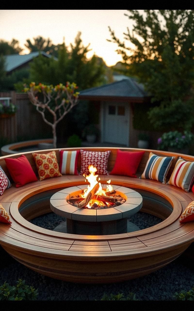 Fire Pit with Semi-Circular Wooden Bench and Throw Pillows