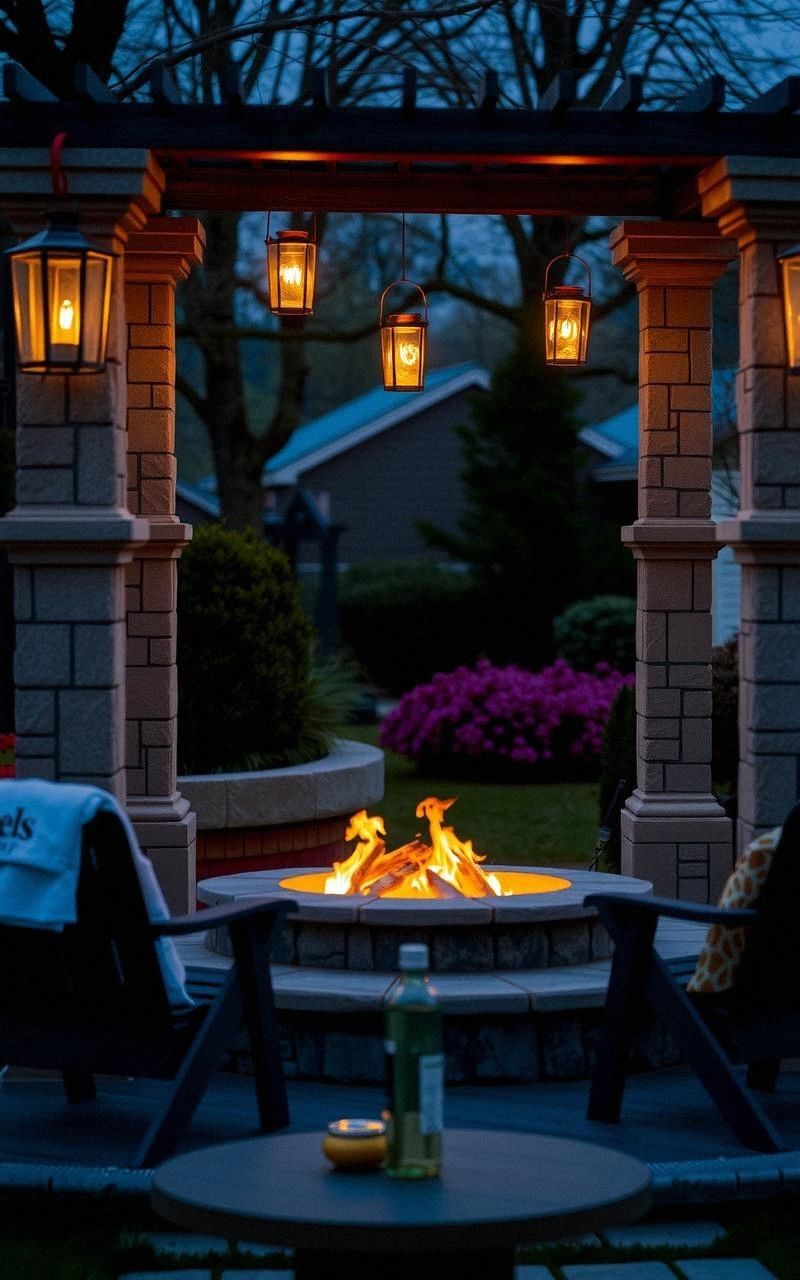 Fire Pit with Stone Pillars and Hanging Lanterns