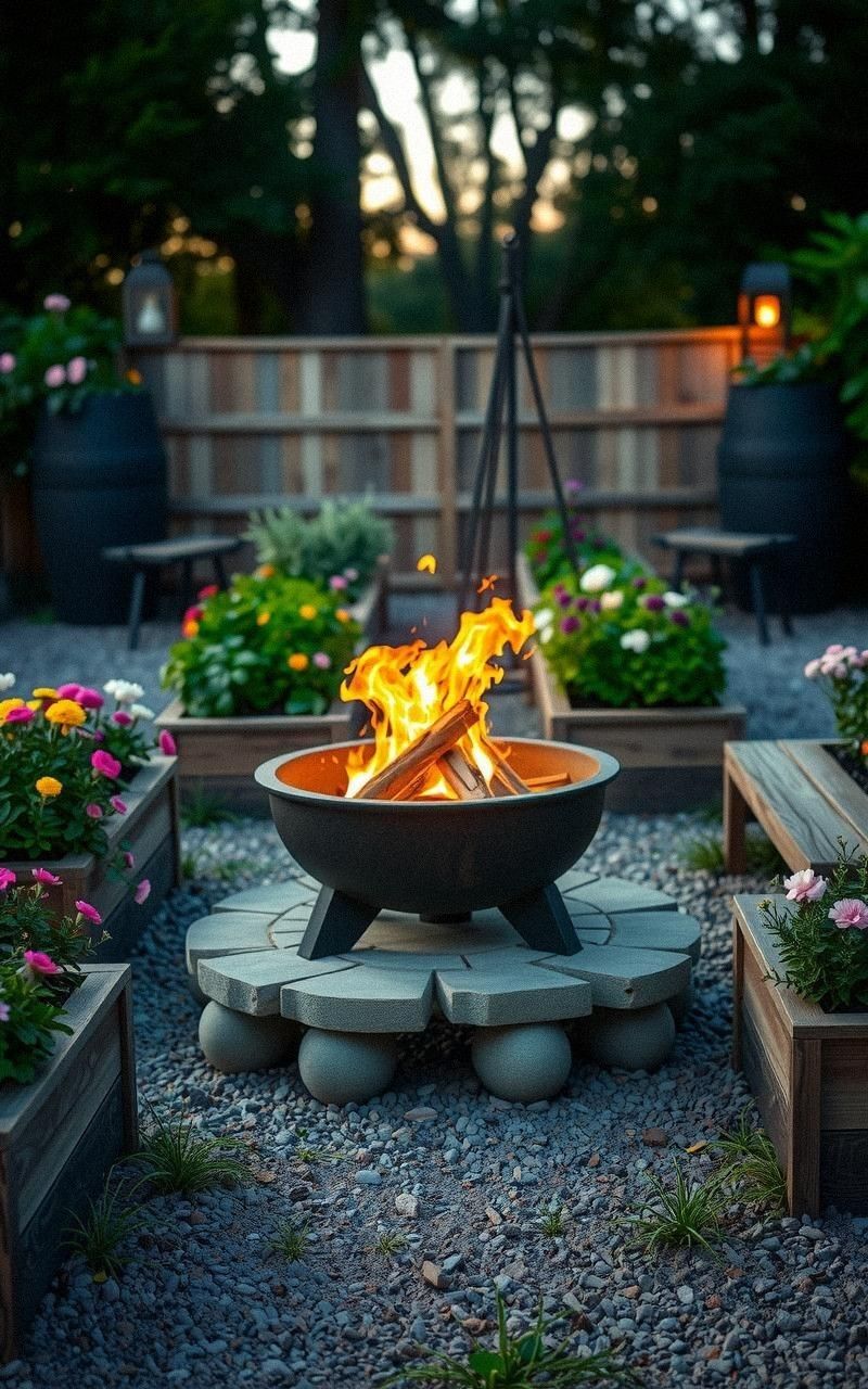 Fire Pit with Surrounding Raised Garden Beds and Benches