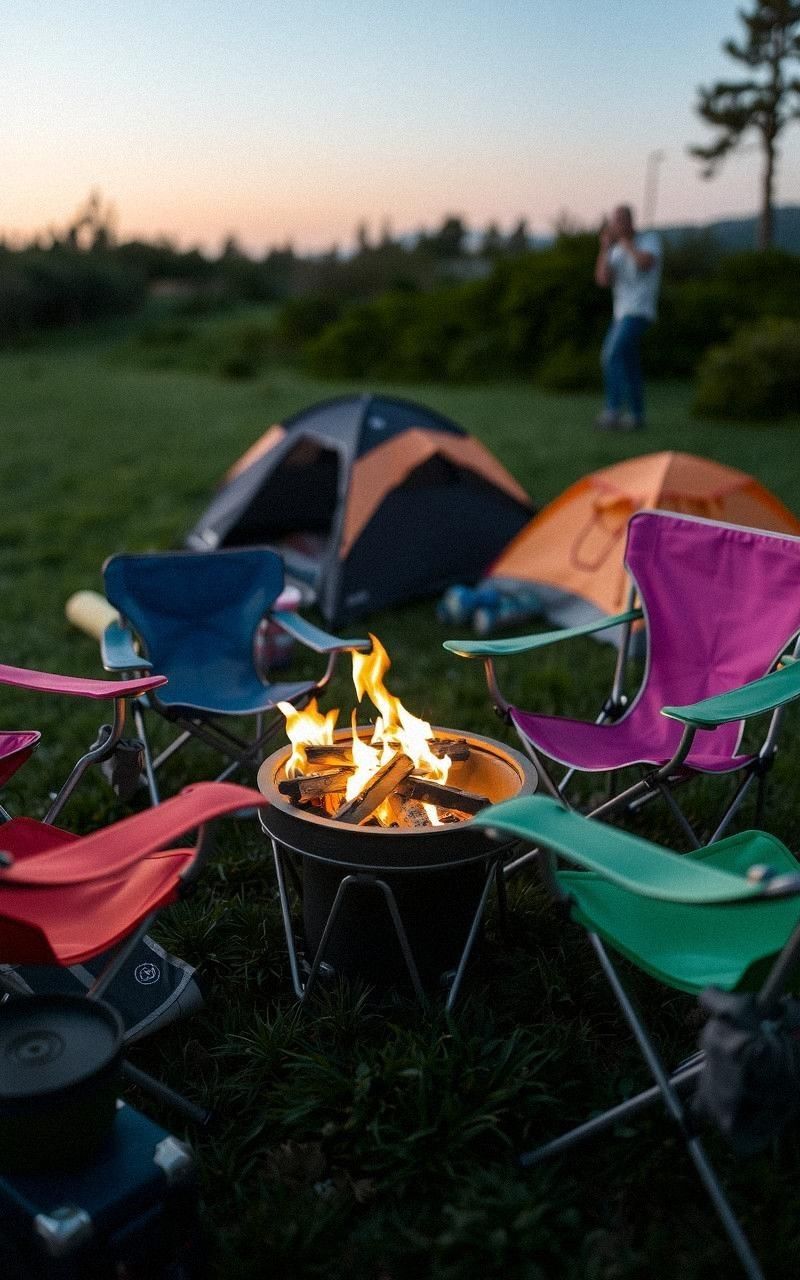 Portable Fire Pit Surrounded by Folding Chairs