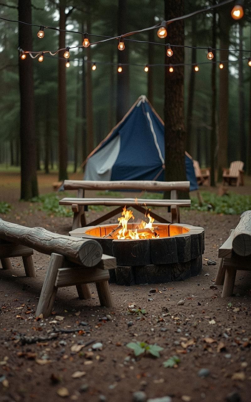 Rustic Log Benches Surrounding a Campfire Pit