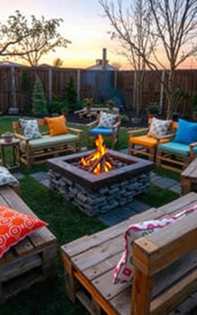 Square Fire Pit with Cushioned Pallet Seating