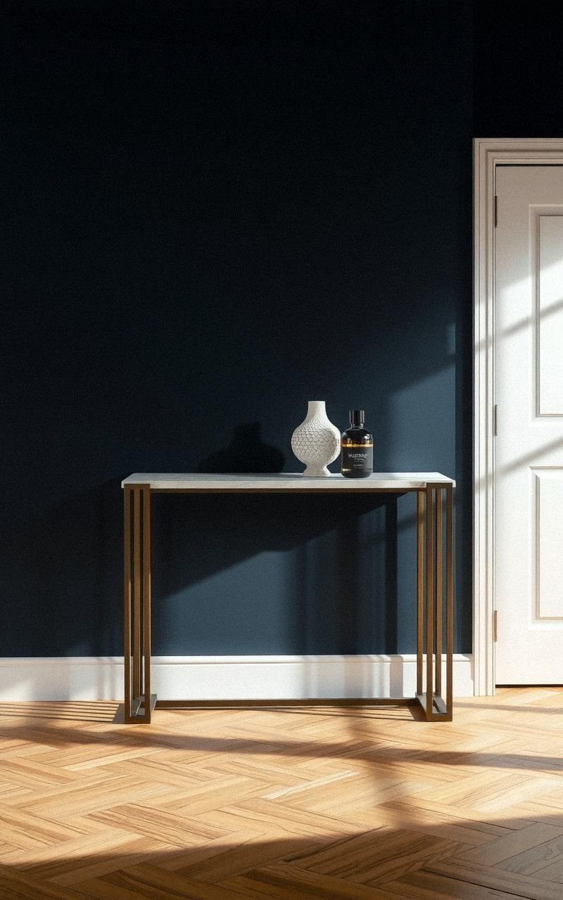 Bold Console Tables with Marble Tops and Metal Legs